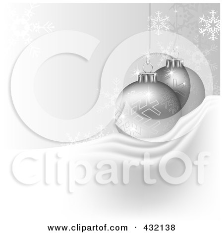 Royalty-Free (RF) Clipart Illustration of a Silver Christmas Background Of Two Snowflake Baubles On Snow, With Snowflakes by dero