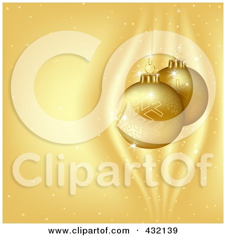 Royalty-Free (RF) Clipart Illustration of a Golden Christmas Background With Two Snowflake Baubles Over Glittery Gold by dero