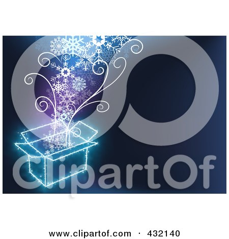 Royalty-Free (RF) Clipart Illustration of a Neon Gift Box With Magical Snowflakes And Swirls On Blue by dero