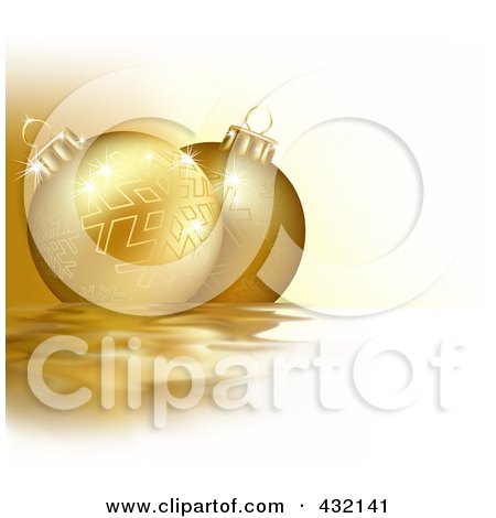 Royalty-Free (RF) Clipart Illustration of a Golden Christmas Background With Two Snowflake Baubles On Rippling Water by dero
