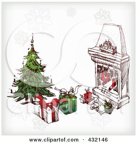 Royalty-Free (RF) Clipart Illustration of a Sketched Christmas Scene Of Gifts And A Tree Near A Hearth With Stockings And Snowflakes by Eugene
