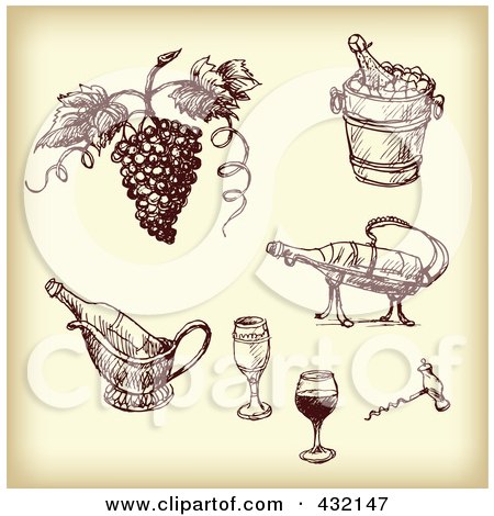 Royalty-Free (RF) Clipart Illustration of a Digital Collage Of Sketched Grapes And Wine Tools In Sepia Tone by Eugene