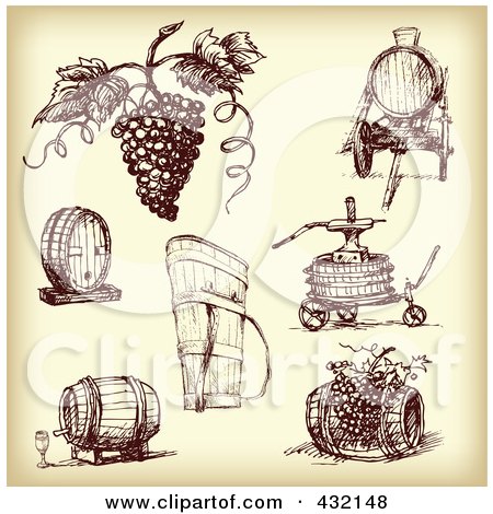 Royalty-Free (RF) Clipart Illustration of a Digital Collage Of Sketched Grapes And Wine Making Tools In Sepia Tone by Eugene