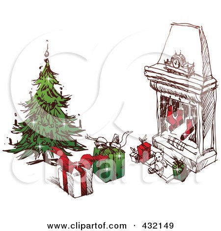 Royalty-Free (RF) Clipart Illustration of a Sketched Christmas Scene Of A Tree With Gifts And Stockings Near A Hearth by Eugene