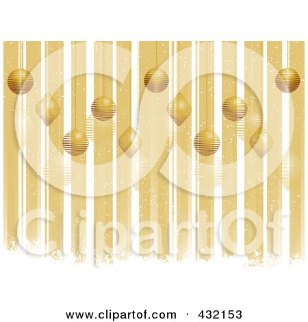 Royalty-Free (RF) Clipart Illustration of a Golden Christmas Background Of Vertical Stripes, White Grungy Snow, And Ornaments by elaineitalia
