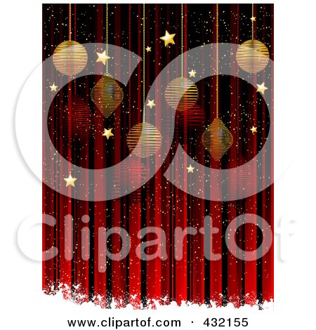 Royalty-Free (RF) Clipart Illustration of a Red Christmas Background Of Vertical Stripes, White Snow Grunge, Golden Stars And Baubles by elaineitalia