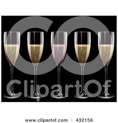 Royalty-Free (RF) Clipart Illustration of a Row Of Four Glasses Of Traditional Champagne And One Glass Of Pink Champagne by elaineitalia