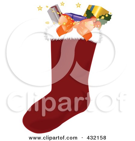 Royalty-Free (RF) Clipart Illustration of a Red Bow On A Christmas Stocking Stuffed With Wrapped Gifts by elaineitalia