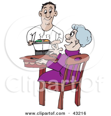 Clipart Illustration of a Sweet Man Serving An Elderly Lady Dinner In A Retirement Home by Dennis Holmes Designs