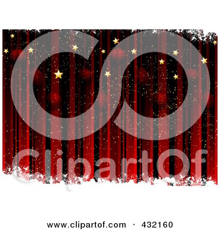 Royalty-Free (RF) Clipart Illustration of a Red Christmas Background Of Vertical Stripes, White Grungy Snow, Golden Stars And Ornaments by elaineitalia