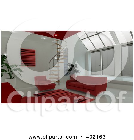 Royalty-Free (RF) Clip Art Illustration of a 3d Living Room Interior With Red Couches And A Spiral Staircase by KJ Pargeter