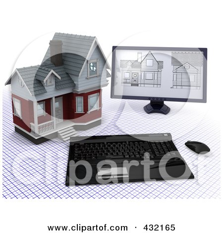 Royalty-Free (RF) Clipart Illustration of a 3d Computer With Blueprints Designs By A Home On A Grid by KJ Pargeter