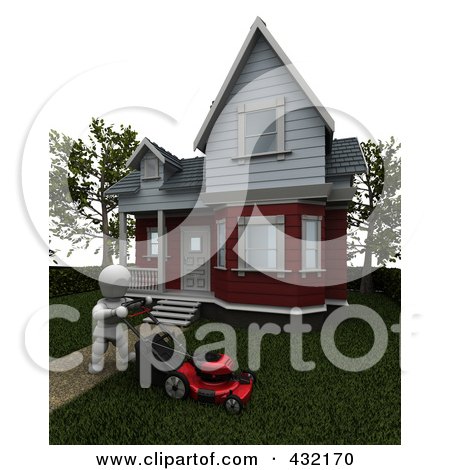 Royalty-Free (RF) Clipart Illustration of a 3d White Character Mowing The Lawn In Front Of His Home by KJ Pargeter
