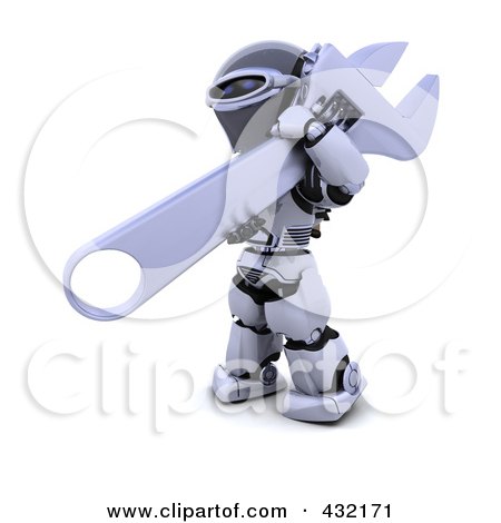 Royalty-Free (RF) Clipart Illustration of a 3d Robot Standing With A Wrench by KJ Pargeter
