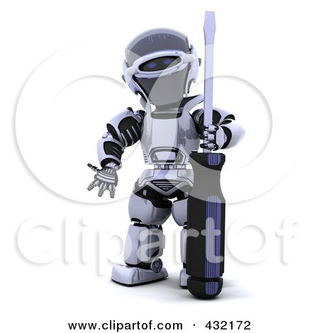 Royalty-Free (RF) Clipart Illustration of a 3d Robot Standing With A Screwdriver by KJ Pargeter