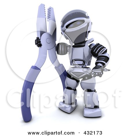 Royalty-Free (RF) Clipart Illustration of a 3d Robot Standing With A Pair Of Pliers by KJ Pargeter
