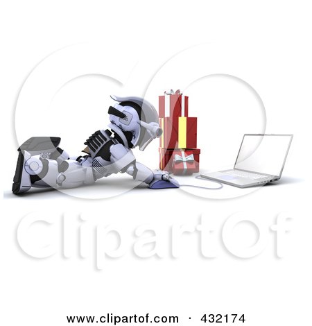 Royalty-Free (RF) Clipart Illustration of a 3d Robot Using A Laptop To Do Christmas Shopping On The Floor by KJ Pargeter