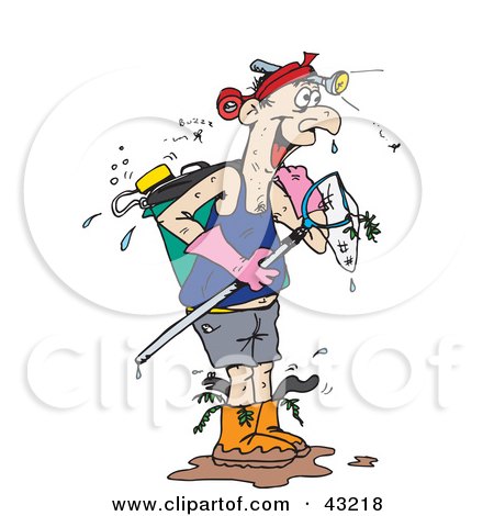 Clipart Illustration of a Wet Man With Fishing Gear by Dennis Holmes Designs