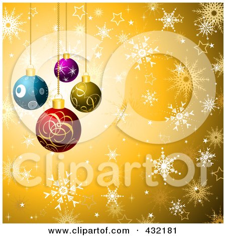 Royalty-Free (RF) Clipart Illustration of a Christmas Bauble Background Of Colorful Ornaments Over Golden Snowflakes by KJ Pargeter