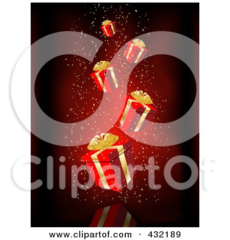 Royalty-Free (RF) Clipart Illustration of a Red Christmas Background Of Falling Red And Gold Gift Boxes by KJ Pargeter
