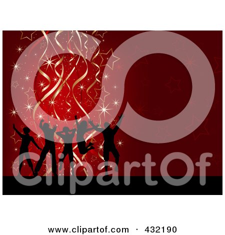 Royalty-Free (RF) Clipart Illustration of a Red Background Of Silhouetted Dancers Over Red, With Stars And Golden Ribbons by KJ Pargeter