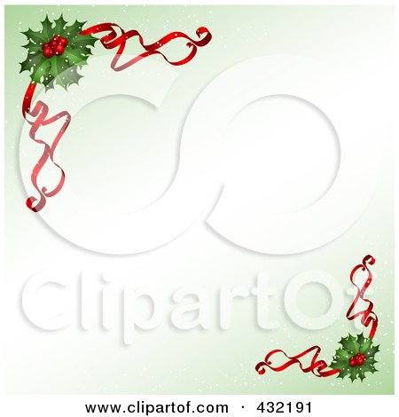 Royalty-Free (RF) Clipart Illustration of Corners Of Red Ribbon And Christmas Holly With Gradient Green And Copyspace by KJ Pargeter