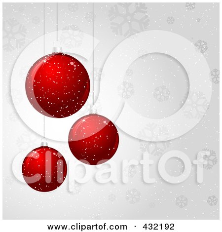 Royalty-Free (RF) Clipart Illustration of a Christmas Bauble Background Of Red Ornaments Over Gray Snowflakes by KJ Pargeter