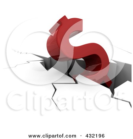 Royalty-Free (RF) Clipart Illustration of a 3d Red Dollar Symbol Crashing Down by KJ Pargeter