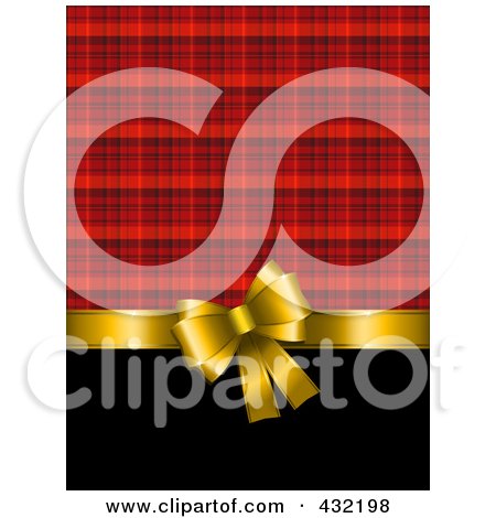 Royalty-Free (RF) Clipart Illustration of a Gold Bow Over Black And Red Plaid Wrapping Paper by KJ Pargeter