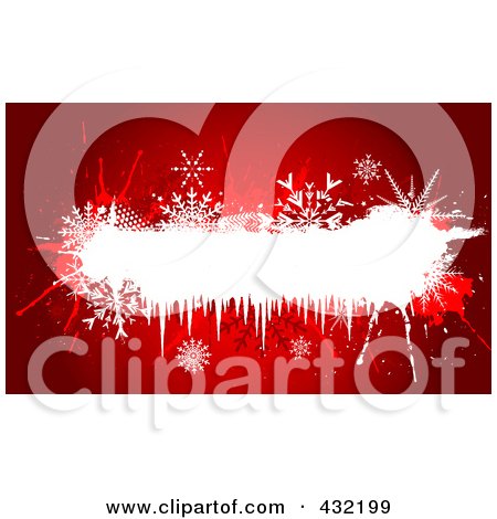 Royalty-Free (RF) Clipart Illustration of a Grungy Red Christmas Backgrounds With Snowflakes And Splatters Around A White Text Bar by KJ Pargeter