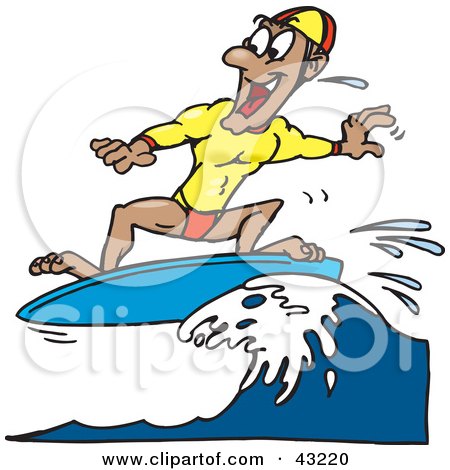 Clipart Illustration of a Happy Surfer Dude Riding A Blue Wave by Dennis Holmes Designs