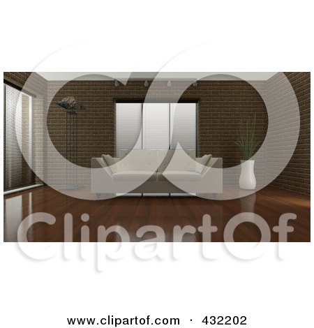 Royalty-Free (RF) Clipart Illustration of a 3d White Sofa In A Room With A Brick Wall And Shiny Wood Floors by KJ Pargeter