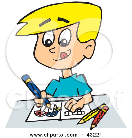 Clipart Illustration of a Little Boy Coloring Mushrooms by Dennis Holmes Designs