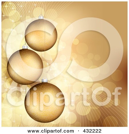 Royalty-Free (RF) Clipart Illustration of a Golden Christmas Background With Three Baubles Over Sparkly Gold by TA Images