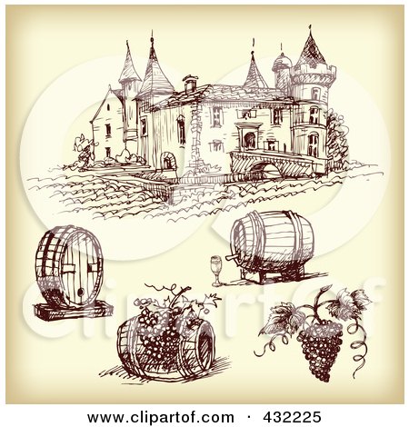 Royalty-Free (RF) Clipart Illustration of a Digital Collage Of Winery Items With A Vineyard On Sepia - 2 by Eugene