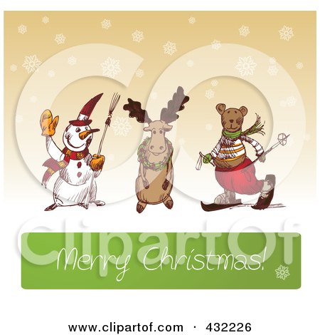 Royalty-Free (RF) Clipart Illustration of a Sketched Snowman, Reindeer And Bear Above A Merry Christmas Greeting On Sepia With Snowflakes by Eugene