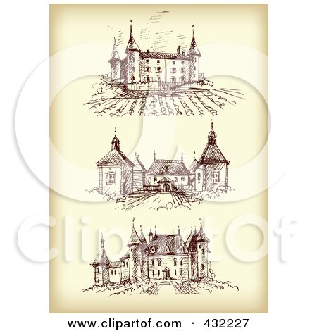 Royalty-Free (RF) Clipart Illustration of a Digital Collage Of Three Chateaus On Sepia by Eugene