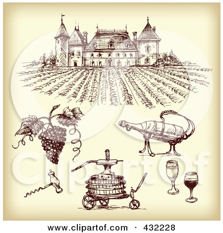 Royalty-Free (RF) Clipart Illustration of a Digital Collage Of Winery Items With A Vineyard On Sepia - 1 by Eugene