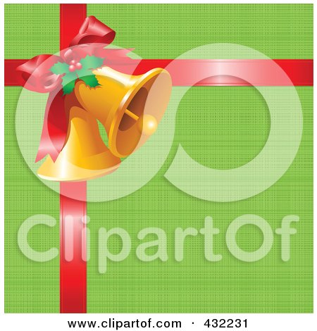 Royalty-Free (RF) Clipart Illustration of Christmas Bells With Holly, A Red Bow And Ribbon Over Green Wrapping Paper by Pushkin