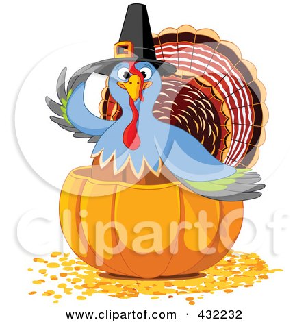 Royalty-Free (RF) Clipart Illustration of a Pilgrim Turkey In A Halved Pumpkin On Autumn Leaves by Pushkin