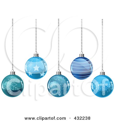 Royalty-Free (RF) Clipart Illustration of a Background Of Patterned Blue Glass Christmas Balls Suspended From Silver Chains by Pushkin