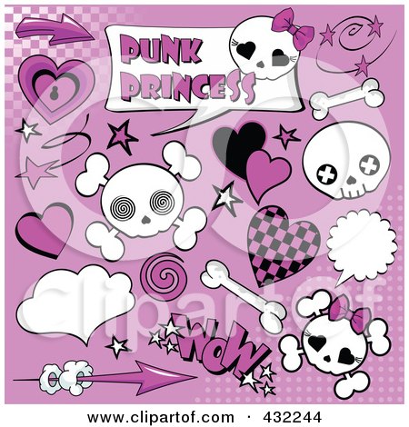 Royalty-Free (RF) Clipart Illustration of a Digital Collage Of Punk Princess Skulls And Comic Icons On Purple With Halftone by Pushkin