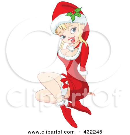Royalty-Free (RF) Clipart Illustration of a Blond Christmas Pinup Girl In A Santa Suit Dress by Pushkin