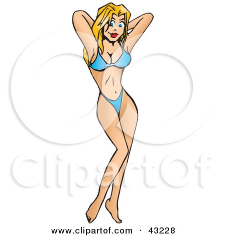 Clipart Illustration of a Sexy Blond Pinup Girl In A Blue Bikini by Dennis Holmes Designs