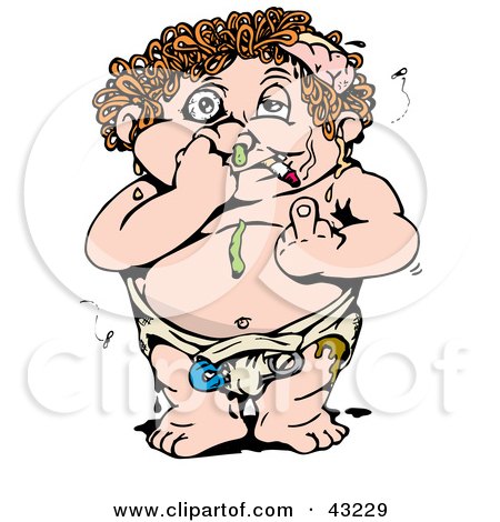 Clipart Illustration of a Gross Crack Baby Smoking And Flipping The Bird by Dennis Holmes Designs