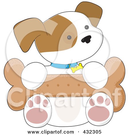 Royalty-Free (RF) Clipart Illustration of a Cute Puppy Sitting With A Big Bone In His Lap by Maria Bell