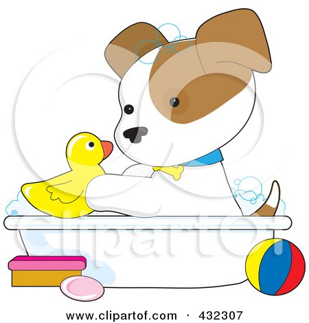 Royalty-Free (RF) Clipart Illustration of a Cute Puppy Playing With A Rubber Duck In A Bath Tub by Maria Bell