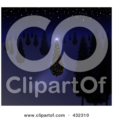 Royalty-Free (RF) Clipart Illustration of a Glowing Christmas Tree Shining In A Dark Forest At Night by oboy