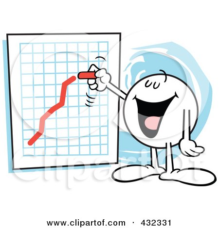 Royalty-Free (RF) Clipart Illustration of a Moodie Character Happily Drawing An Upswing Line On A Chart by Johnny Sajem