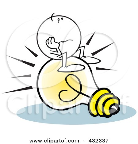 Royalty-Free (RF) Clipart Illustration of a Moodie Character Sitting And Pondering On An Idea Light Bulb by Johnny Sajem